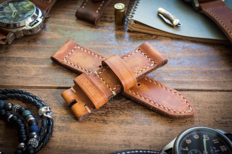 Antiqued Rustic Handmade 24/24mm Saddle Brown Leather Strap 126/82mm with Beige Stitching from STRAPSANDBRACELETS