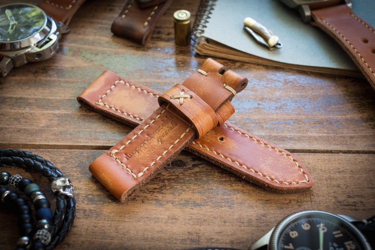Antiqued Rustic Handmade 24/24mm Saddle Brown Leather Strap 126/82mm with Beige Stitching from STRAPSANDBRACELETS