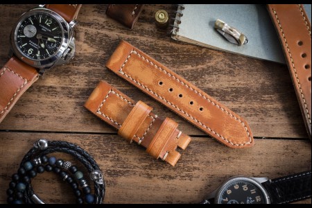 Antiqued Rustic Handmade 24/24mm Saddle Brown Leather Strap 126/82mm with Beige Stitching