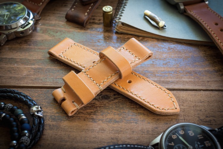 Handmade 24/24mm Yellow Brown Leather Strap 126/84mm with Beige Stitching from STRAPSANDBRACELETS