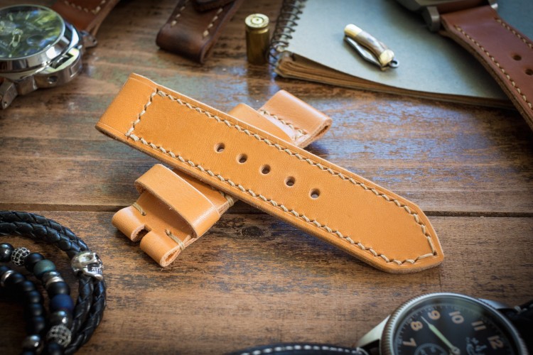 Handmade 24/24mm Yellow Brown Leather Strap 126/84mm with Beige Stitching from STRAPSANDBRACELETS