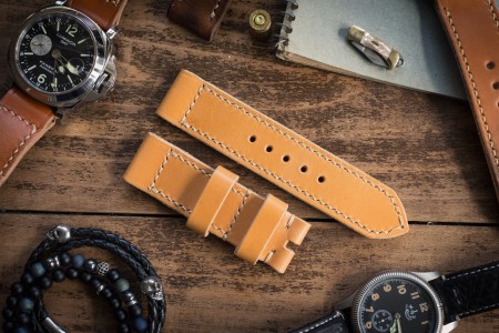 Handmade 24/24mm Yellow Brown Leather Strap 126/84mm with Beige Stitching