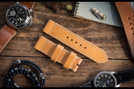 Handmade 24/24mm Yellow Brown Leather Strap 126/84mm with Beige Stitching