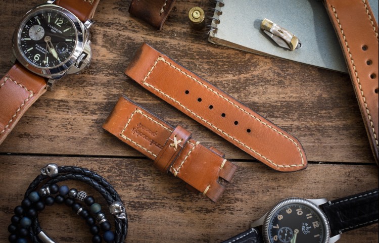Antiqued Handmade 24/24mm Veg Tan Brown Leather Strap 126/85mm With Beige Stitching from STRAPSANDBRACELETS