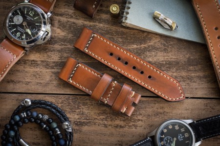 Antiqued Handmade 24/24mm Veg Tan Brown Leather Strap 126/85mm With Beige Stitching