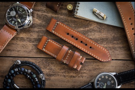 Antiqued Handmade 24/24mm Veg Tan Brown Leather Strap 126/85mm With Beige Stitching