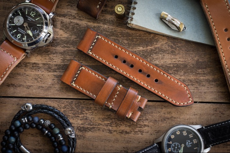 Antiqued Handmade 24/24mm Veg Tan Brown Leather Strap 126/85mm With Beige Stitching from STRAPSANDBRACELETS