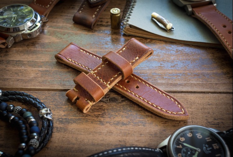 Handmade 22/22mm Badalassi Pull Up Cognac Brown Leather Strap 125/76mm with Beige Stitching from STRAPSANDBRACELETS