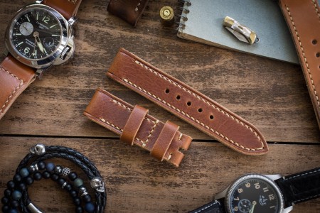 Handmade 22/22mm Badalassi Pull Up Cognac Brown Leather Strap 125/76mm with Beige Stitching