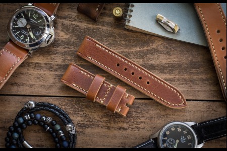 Handmade 22/22mm Badalassi Pull Up Cognac Brown Leather Strap 125/76mm with Beige Stitching