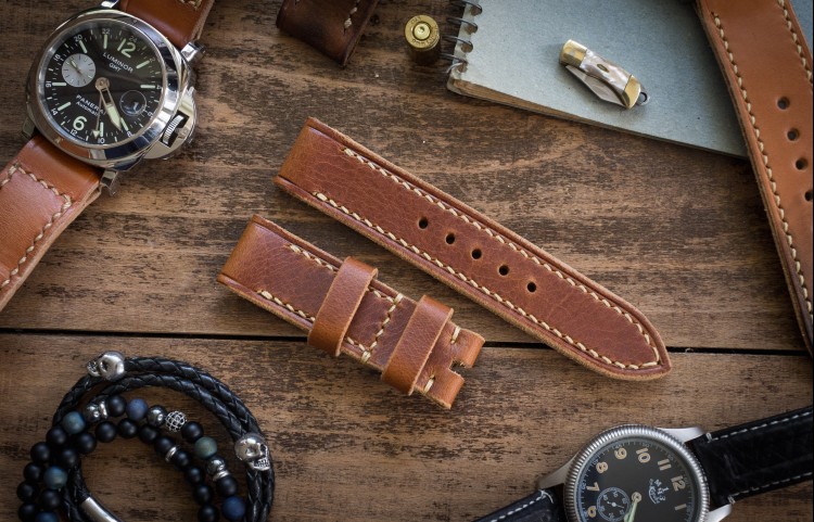 Handmade 22/22mm Badalassi Pull Up Cognac Brown Leather Strap 125/76mm with Beige Stitching from STRAPSANDBRACELETS