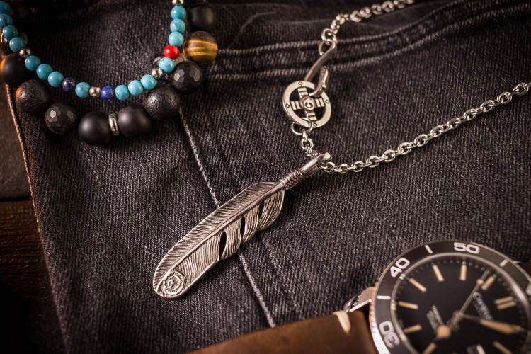 Wayll - Stainless Steel Men's Necklace With Antiqued Eagle Feather Pendant from STRAPSANDBRACELETS