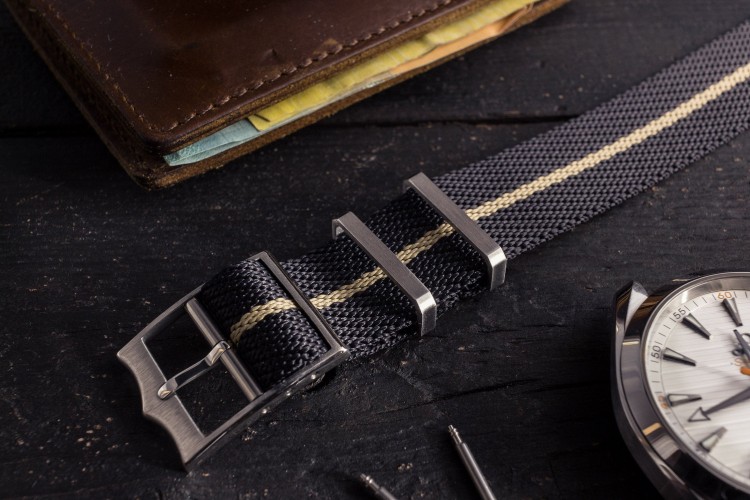 Black and Beige Adjustable Single Pass Twill Slip Through Watch Strap (20 & 22mm) from STRAPSANDBRACELETS