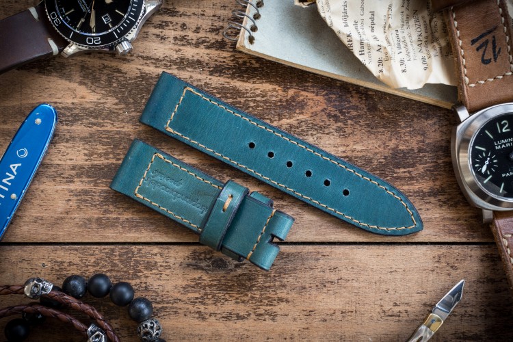 Antiqued Handmade 24/24mm Veg Tan Greenish Turquoise Leather Strap 130/80mm with Beige Stitching from STRAPSANDBRACELETS