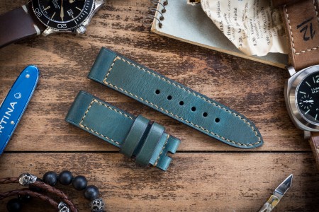 Antiqued Handmade 24/24mm Veg Tan Greenish Turquoise Leather Strap 130/80mm with Beige Stitching