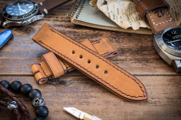 Antiqued Handmade 22/22mm Veg Tan Light Orangish Brown Leather Strap 125/80mm with Contrast Stitching from STRAPSANDBRACELETS