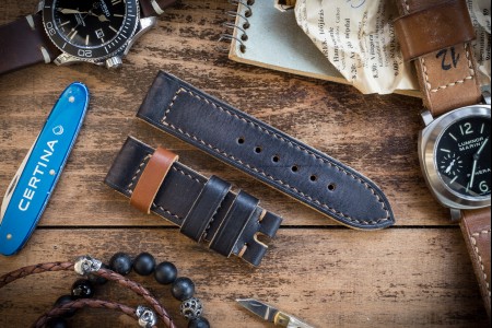 Antiqued Handmade 24/24mm Veg Tan Faded Black Leather Strap 125/78mm with Contrast Stitching