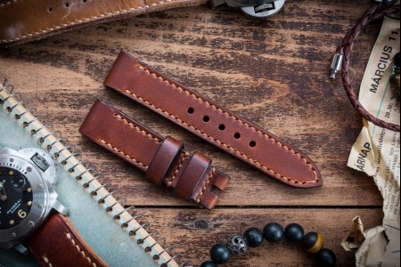 Antiqued Handmade 20/20mm Veg Tan Reddish Brown Leather Strap 125/80mm with Contrast Stitching