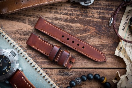 Antiqued Handmade 20/20mm Veg Tan Reddish Brown Leather Strap 125/80mm with Contrast Stitching