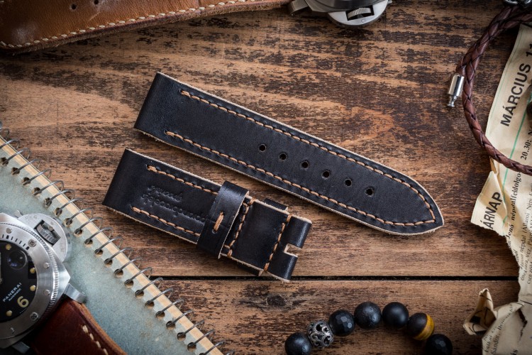 Handmade 24/24mm Veg Tan Black Leather Strap 125/80mm with Beige Contrast Stitching from STRAPSANDBRACELETS