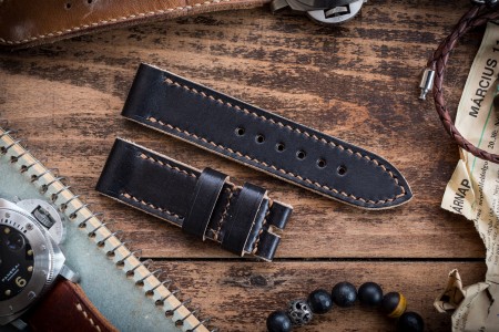Handmade 24/24mm Veg Tan Black Leather Strap 125/80mm with Beige Contrast Stitching