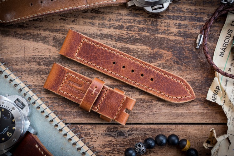 Handmade 24/24mm Cognac Brown Badalassi Pull Up Leather Strap 125/80mm with Contrast Stitching from STRAPSANDBRACELETS