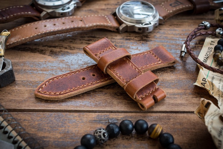 Handmade 24/24mm Cognac Brown Badalassi Pull Up Leather Strap 125/80mm with Contrast Stitching from STRAPSANDBRACELETS