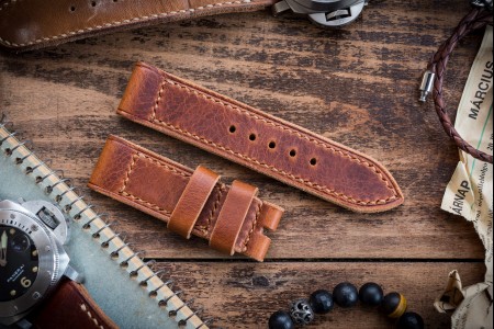 Handmade 24/24mm Cognac Brown Badalassi Pull Up Leather Strap 125/80mm with Contrast Stitching
