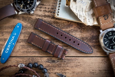Antiqued Handmade 20/20mm Veg Tan Dark Brown Leather Strap 125/80mm with Contrast Stitching