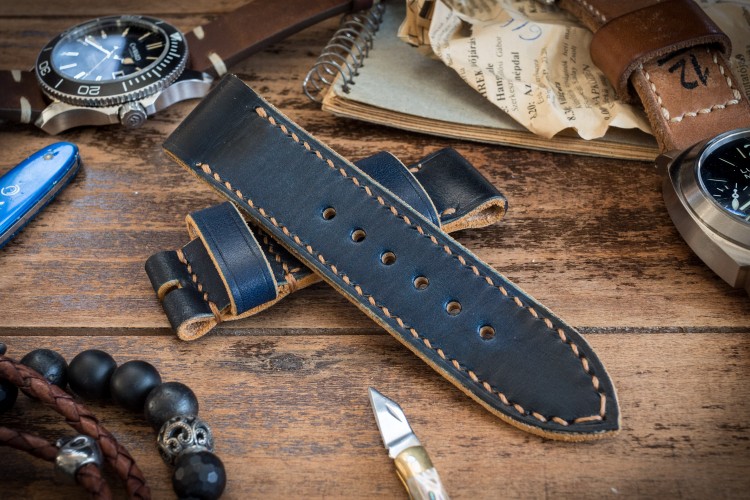 Antiqued Handmade 24/24mm Veg Tan Dark Blue Leather Strap 125/82mm with Contrast Stitching from STRAPSANDBRACELETS