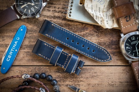 Antiqued Handmade 24/24mm Veg Tan Dark Blue Leather Strap 125/82mm with Contrast Stitching