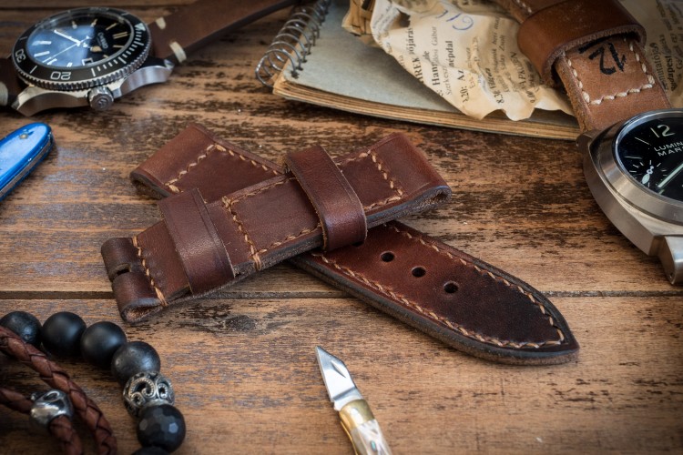 Antiqued Handmade 26/26mm Veg Tan Reddish Brown Leather Strap 125/85mm with Contrast Stitching from STRAPSANDBRACELETS