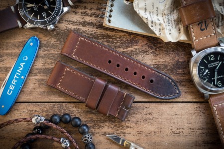Antiqued Handmade 26/26mm Veg Tan Reddish Brown Leather Strap 125/85mm with Contrast Stitching