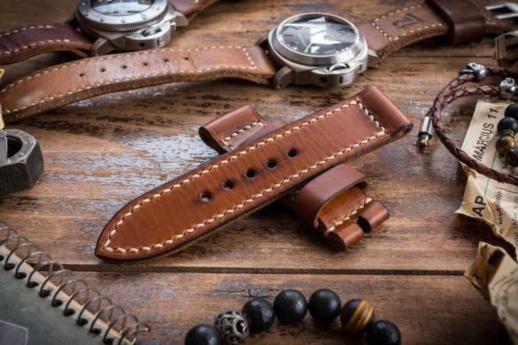 Antiqued Handmade 24/24mm Veg Tan Brown Leather Strap 125/80mm with Contrast Stitching from STRAPSANDBRACELETS