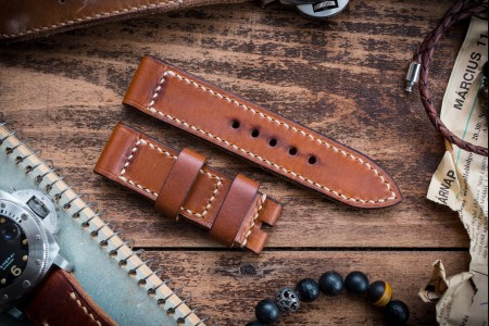 Antiqued Handmade 24/24mm Veg Tan Brown Leather Strap 125/80mm with Contrast Stitching