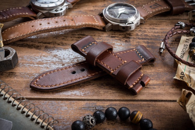 Antiqued Handmade 24/24mm Veg Tan Brown Leather Strap 125/80mm with Contrast Stitching from STRAPSANDBRACELETS