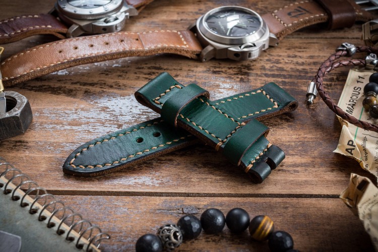 Antiqued Handmade 22/22mm Veg Tan Joker Green Leather Strap 125/80mm with Contrast Stitching from STRAPSANDBRACELETS