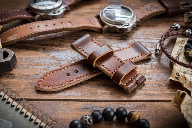 Antiqued Handmade 24/24mm Veg Tan Caramel Brown Leather Strap 125/80mm with Contrast Stitching from STRAPSANDBRACELETS