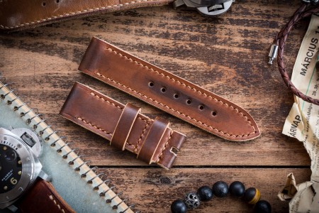Antiqued Handmade 24/24mm Veg Tan Caramel Brown Leather Strap 125/80mm with Contrast Stitching