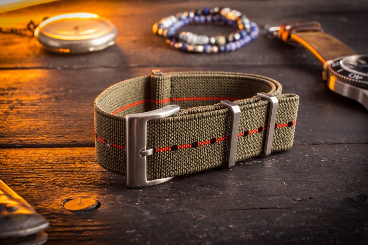 Army Green and Red Elastic Material Slip Through Nato Watch Strap (20 & 22mm) from STRAPSANDBRACELETS