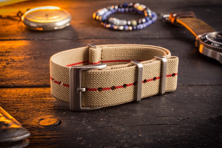 Beige and Red Elastic Material Slip Through Nato Watch Strap (20 & 22mm) from STRAPSANDBRACELETS