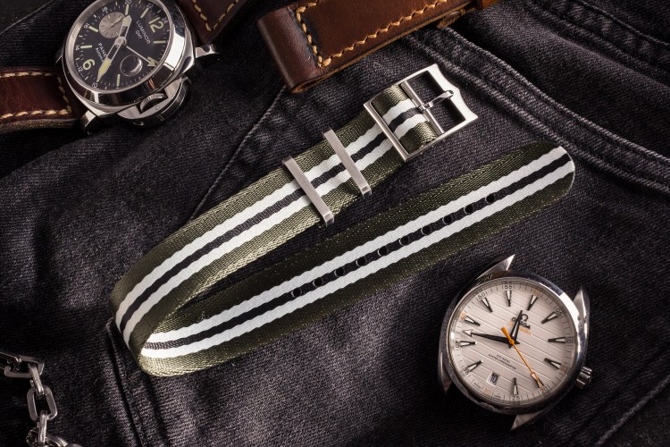 Oil Green, White and Black Adjustable Seat Belt Fabric Single Pass Slip Through Watch Strap (20 & 22mm) from STRAPSANDBRACELETS