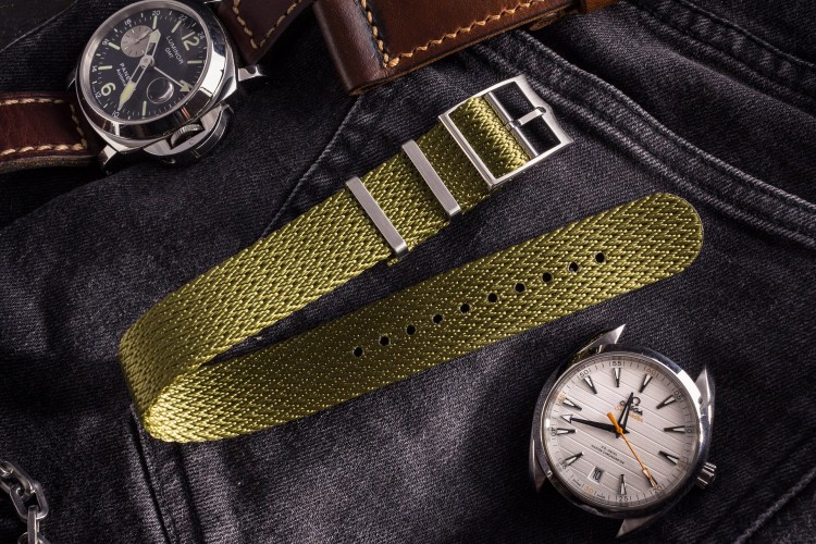 Green Retro, Herringbone Silky Fabric Adjustable Single Pass Slip Through Watch Strap (20 & 22mm) from STRAPSANDBRACELETS