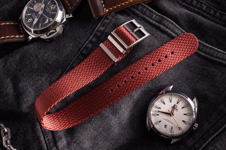Red, Retro, Herringbone Silky Fabric Adjustable Single Pass Slip Through Watch Strap (20 & 22mm) from STRAPSANDBRACELETS