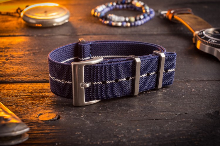 Navy Blue and White Elastic Material Slip Through Nato Watch Strap (20 & 22mm) from STRAPSANDBRACELETS