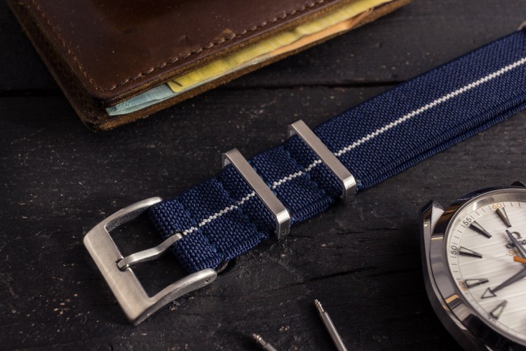 Navy Blue and White Elastic Material Slip Through Nato Watch Strap (20 & 22mm) from STRAPSANDBRACELETS