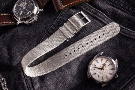 Light Grey, Retro, Herringbone Silky Fabric Adjustable Single Pass Slip Through Watch Strap (20 & 22mm)