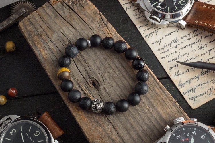 OCTOPUS III - 10mm -  Matte Black Onyx Beaded Stretchy Bracelet with Sterling Silver Octopus Bead from STRAPSANDBRACELETS