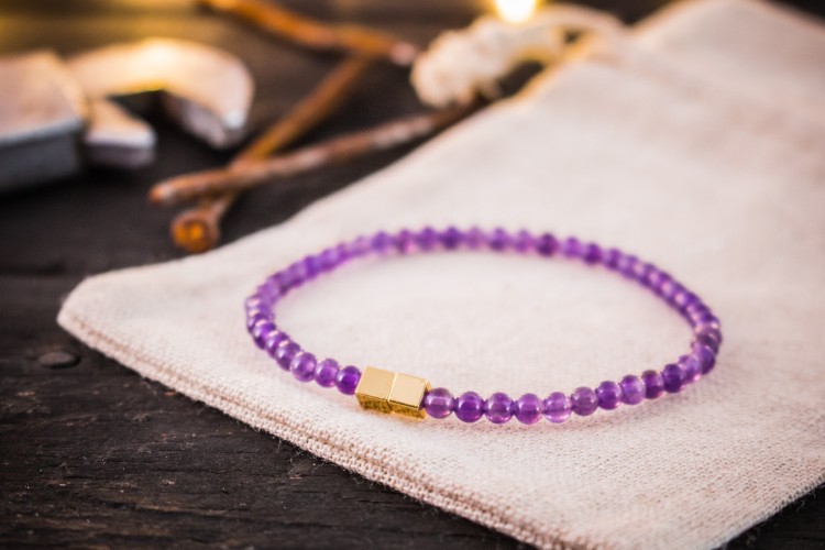 Abiral - 4mm - Amethyst Beaded Stretchy Bracelet with Gold Cube Beads from STRAPSANDBRACELETS