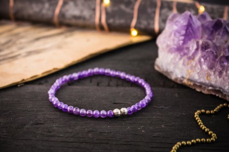 Ally - 4mm - Amethyst Beaded Stretchy Bracelet with Sterling Silver Beads